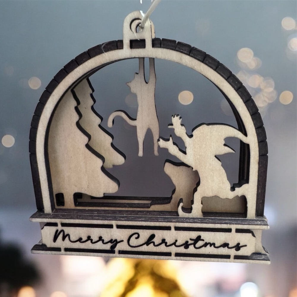 3/$20 Layered Wood Christmas Ornament – Cat & Elf Christmas Scene